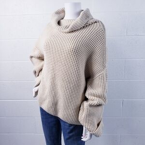 Free People Park City Pullover Sweater Chunky‎ Knit Turtleneck Ivory Size Large